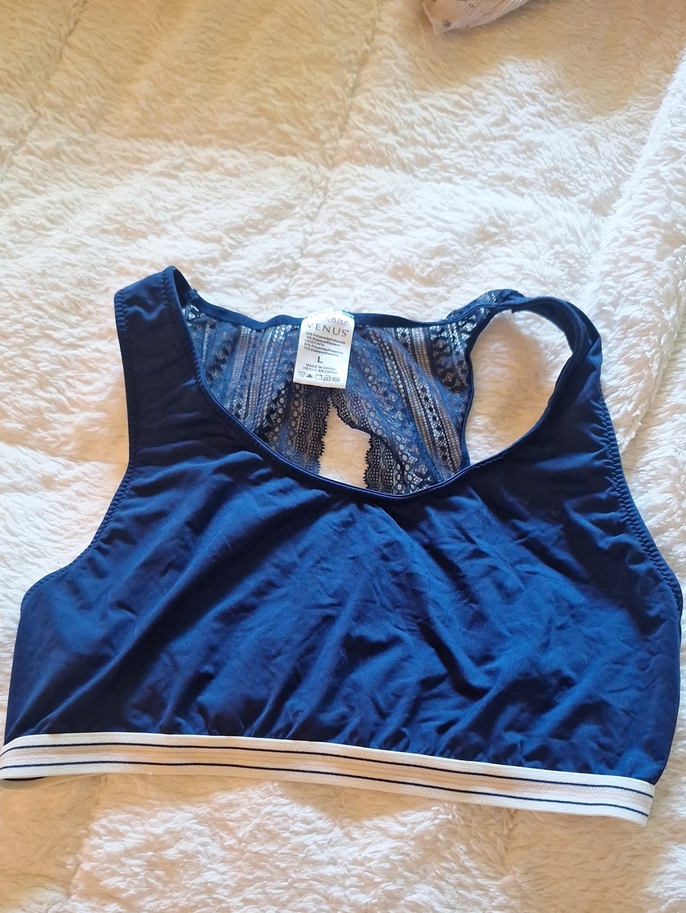 VENUS Navy Lace-Back Sports Bralette with Striped Band